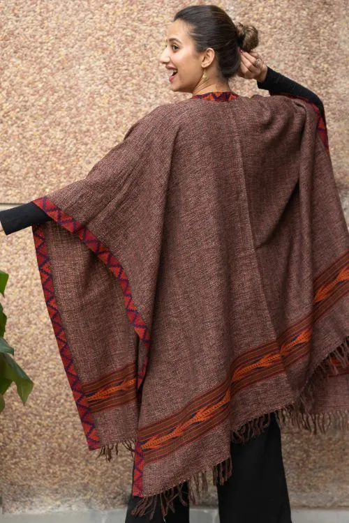 TICH Fine, Soft Himachal Wool Poncho Wrap With Woven Kinnauri Border - Brown Weave