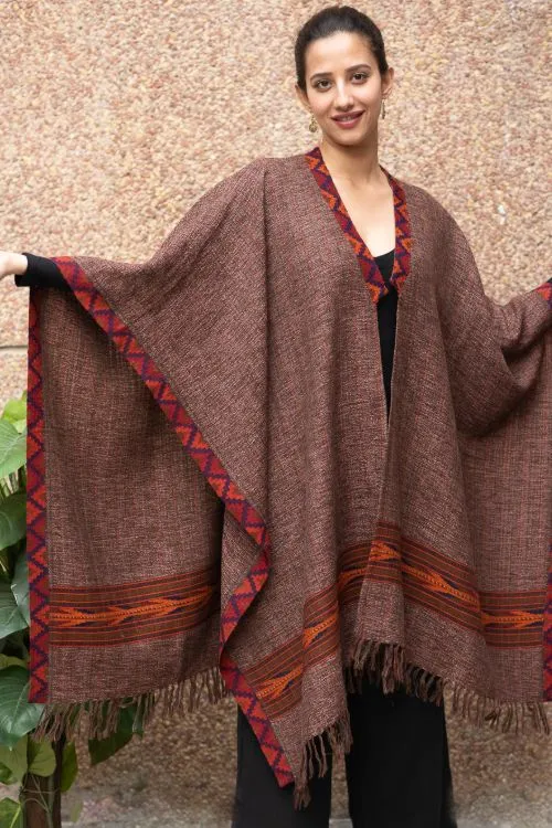 TICH Fine, Soft Himachal Wool Poncho Wrap With Woven Kinnauri Border - Brown Weave