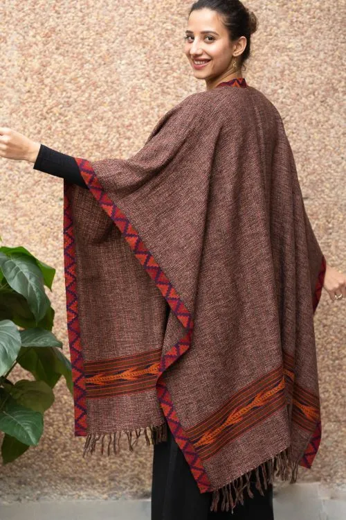 TICH Fine, Soft Himachal Wool Poncho Wrap With Woven Kinnauri Border - Brown Weave