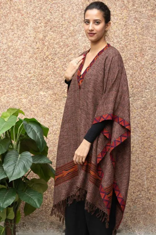 TICH Fine, Soft Himachal Wool Poncho Wrap With Woven Kinnauri Border - Brown Weave