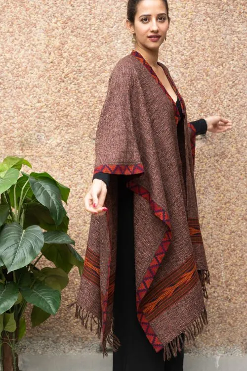 TICH Fine, Soft Himachal Wool Poncho Wrap With Woven Kinnauri Border - Brown Weave