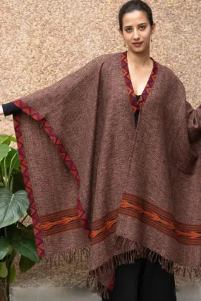 TICH Fine, Soft Himachal Wool Poncho Wrap With Woven Kinnauri Border - Brown Weave