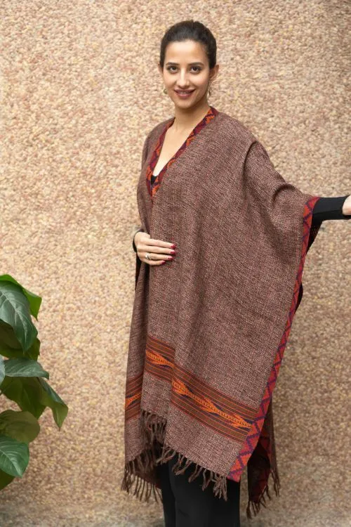 TICH Fine, Soft Himachal Wool Poncho Wrap With Woven Kinnauri Border - Brown Weave