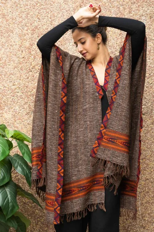 TICH Fine, Soft Himachal Wool Poncho Wrap With Woven Kinnauri Border - Brown