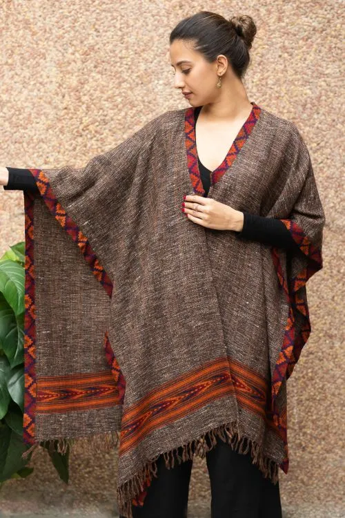 TICH Fine, Soft Himachal Wool Poncho Wrap With Woven Kinnauri Border - Brown