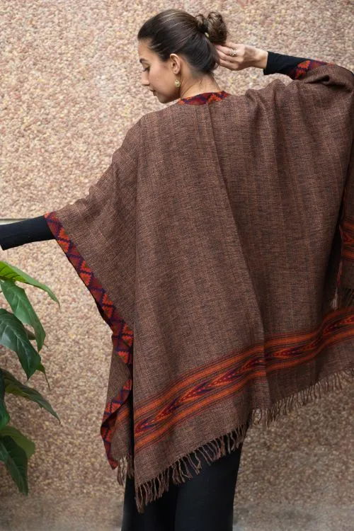 TICH Fine, Soft Himachal Wool Poncho Wrap With Woven Kinnauri Border - Browns