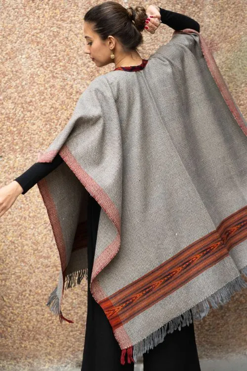 TICH Fine, Soft Himachal Wool Poncho Wrap With Woven Kinnauri Border - Grey Tones