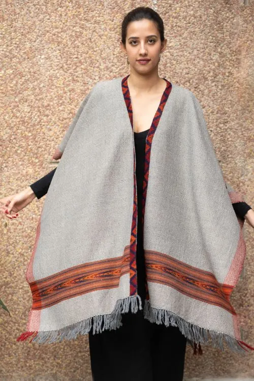 TICH Fine, Soft Himachal Wool Poncho Wrap With Woven Kinnauri Border - Grey Tones