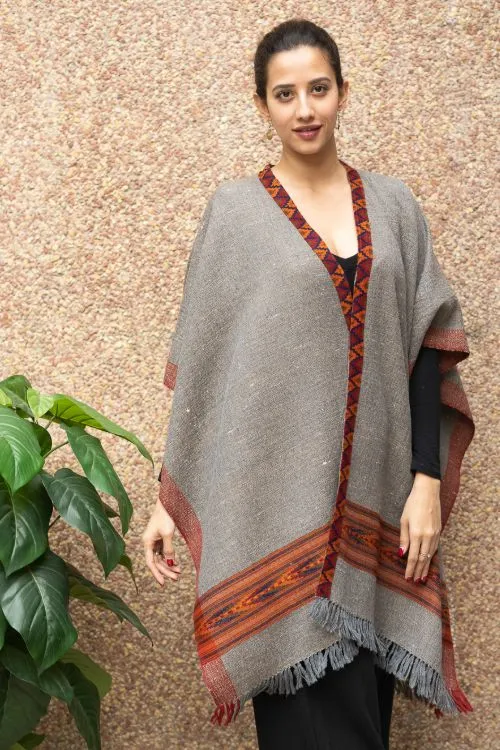 TICH Fine, Soft Himachal Wool Poncho Wrap With Woven Kinnauri Border - Grey