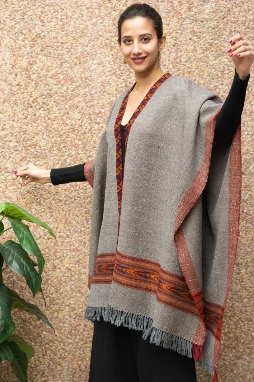 TICH Fine, Soft Himachal Wool Poncho Wrap With Woven Kinnauri Border - Grey