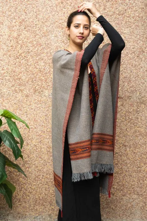 TICH Fine, Soft Himachal Wool Poncho Wrap With Woven Kinnauri Border - Grey