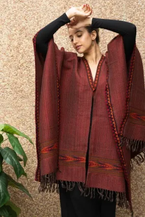 TICH Fine, Soft Himachal Wool Poncho Wrap With Woven Kinnauri Border - Maroon