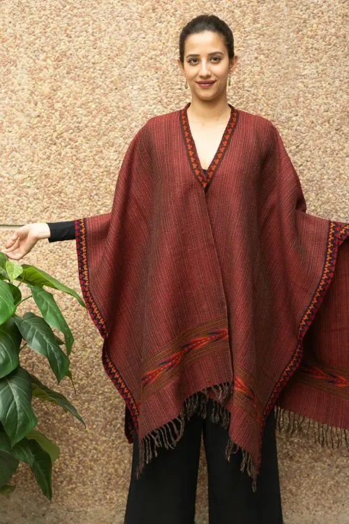 TICH Fine, Soft Himachal Wool Poncho Wrap With Woven Kinnauri Border - Maroon