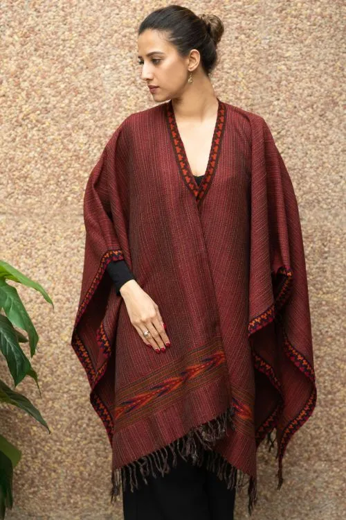 TICH Fine, Soft Himachal Wool Poncho Wrap With Woven Kinnauri Border - Maroon