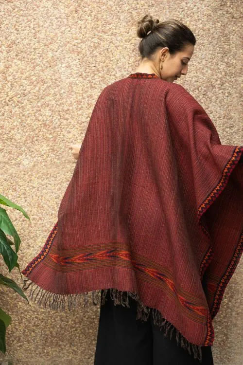 TICH Fine, Soft Himachal Wool Poncho Wrap With Woven Kinnauri Border - Maroon