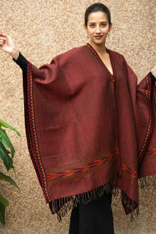 TICH Fine, Soft Himachal Wool Poncho Wrap With Woven Kinnauri Border - Maroon