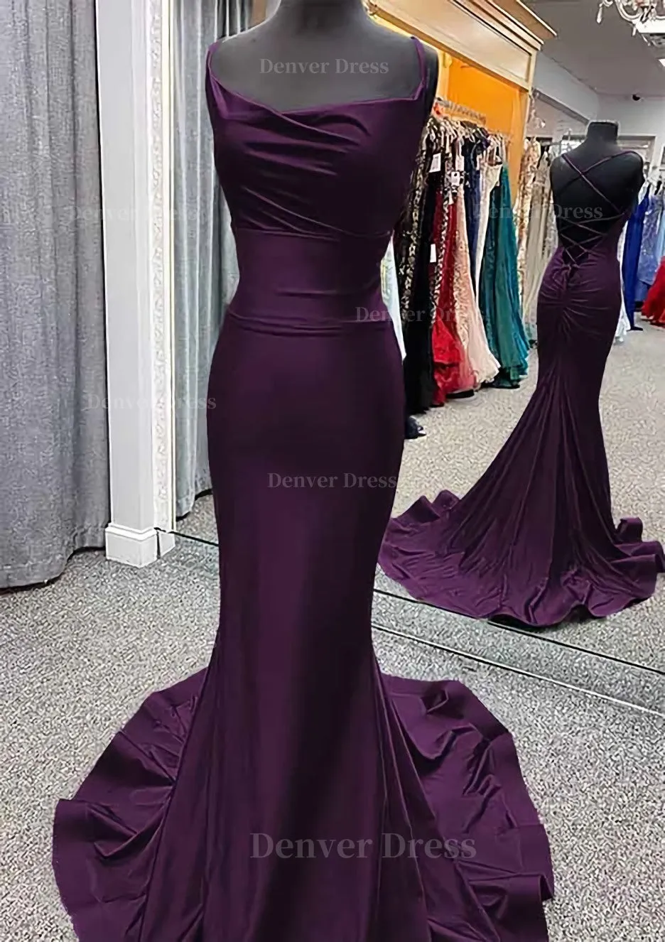 Trumpet/Mermaid Cowl Neck Spaghetti Straps Sweep Train Jersey Prom Dress With Pleated