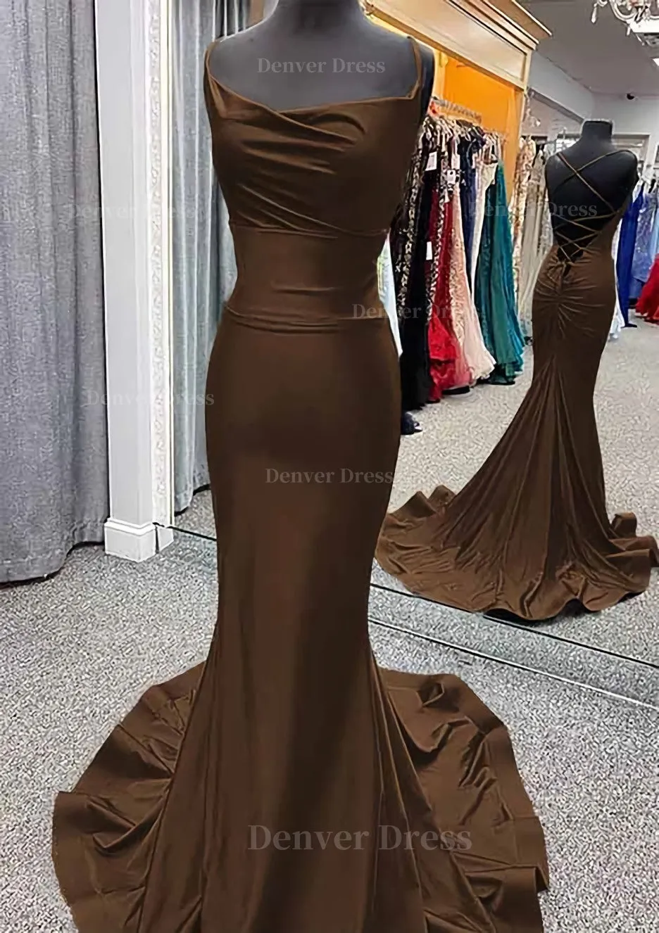 Trumpet/Mermaid Cowl Neck Spaghetti Straps Sweep Train Jersey Prom Dress With Pleated