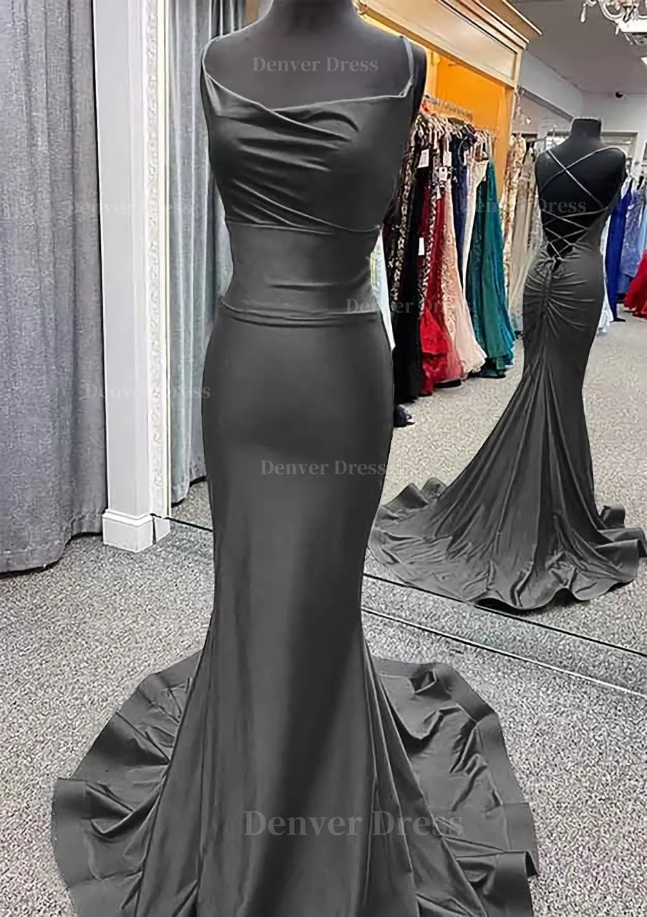 Trumpet/Mermaid Cowl Neck Spaghetti Straps Sweep Train Jersey Prom Dress With Pleated