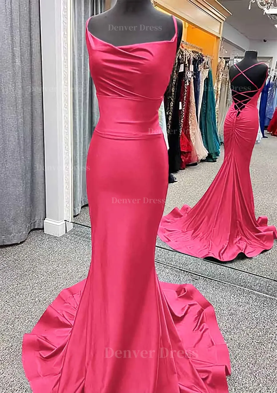 Trumpet/Mermaid Cowl Neck Spaghetti Straps Sweep Train Jersey Prom Dress With Pleated