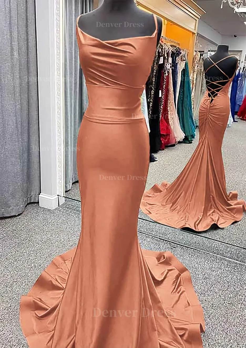 Trumpet/Mermaid Cowl Neck Spaghetti Straps Sweep Train Jersey Prom Dress With Pleated