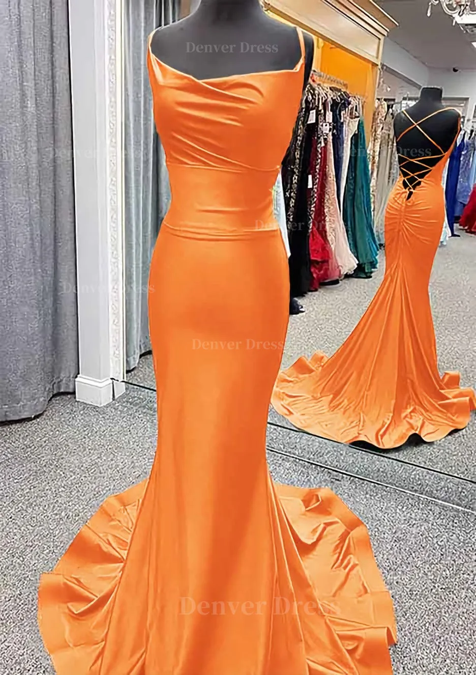 Trumpet/Mermaid Cowl Neck Spaghetti Straps Sweep Train Jersey Prom Dress With Pleated