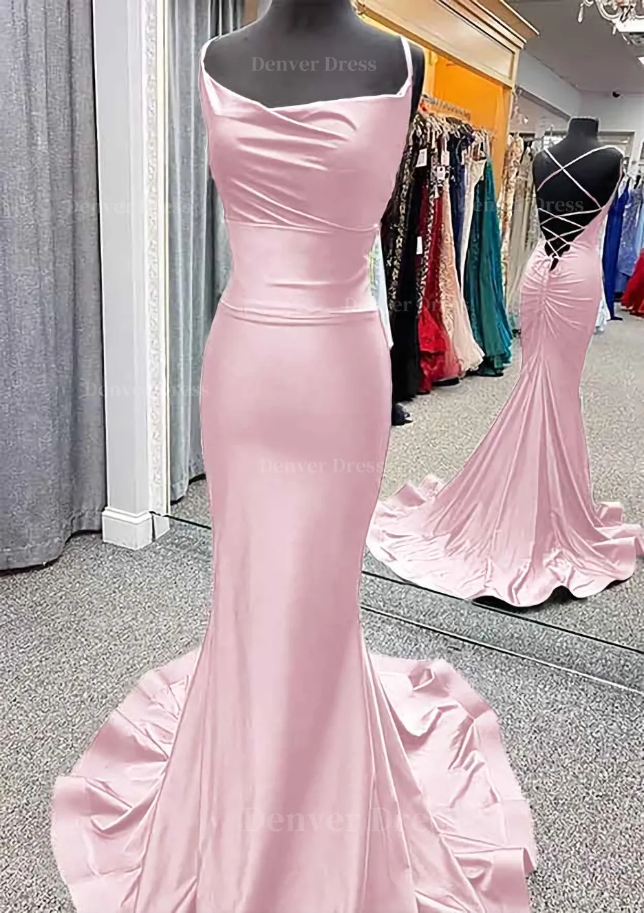 Trumpet/Mermaid Cowl Neck Spaghetti Straps Sweep Train Jersey Prom Dress With Pleated