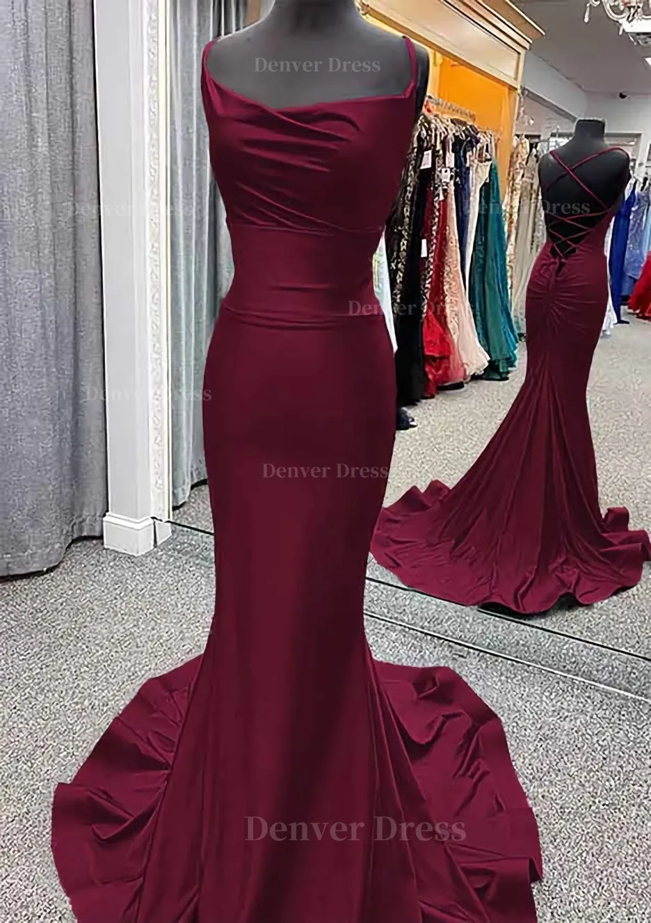 Trumpet/Mermaid Cowl Neck Spaghetti Straps Sweep Train Jersey Prom Dress With Pleated