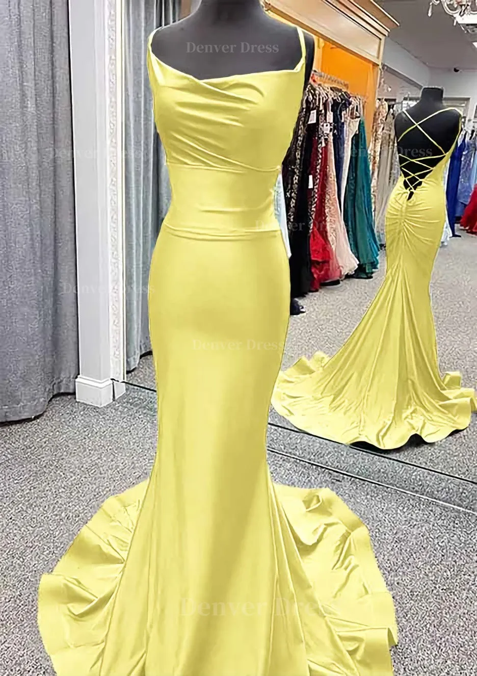 Trumpet/Mermaid Cowl Neck Spaghetti Straps Sweep Train Jersey Prom Dress With Pleated