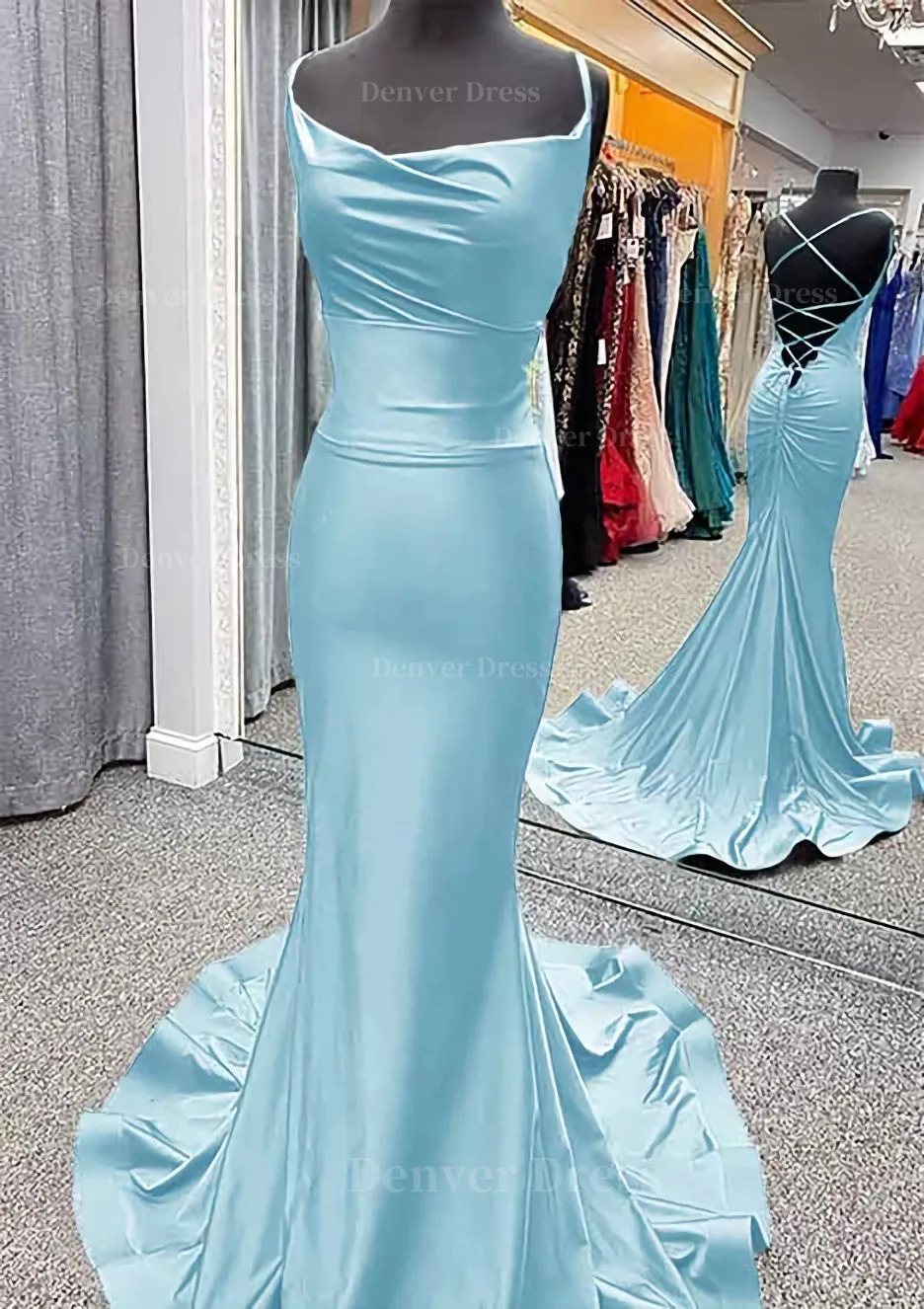 Trumpet/Mermaid Cowl Neck Spaghetti Straps Sweep Train Jersey Prom Dress With Pleated