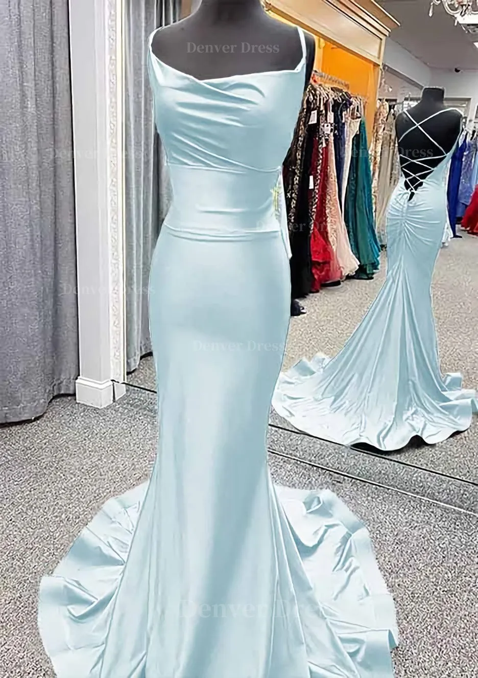 Trumpet/Mermaid Cowl Neck Spaghetti Straps Sweep Train Jersey Prom Dress With Pleated