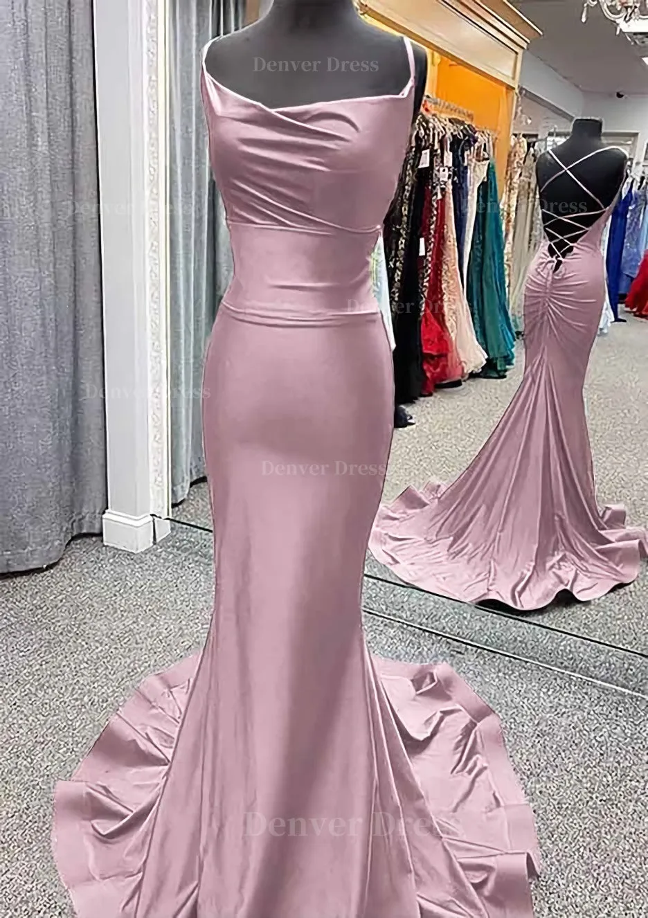 Trumpet/Mermaid Cowl Neck Spaghetti Straps Sweep Train Jersey Prom Dress With Pleated