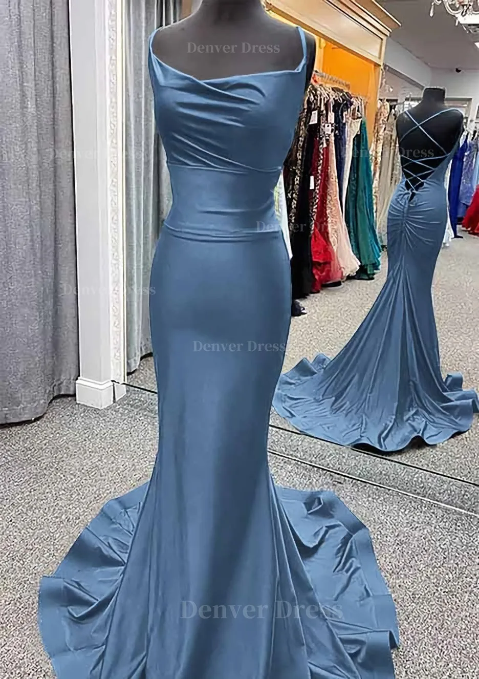 Trumpet/Mermaid Cowl Neck Spaghetti Straps Sweep Train Jersey Prom Dress With Pleated