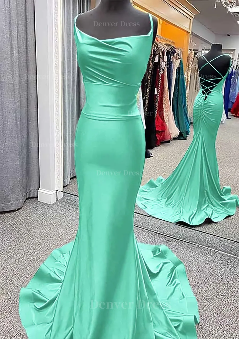 Trumpet/Mermaid Cowl Neck Spaghetti Straps Sweep Train Jersey Prom Dress With Pleated