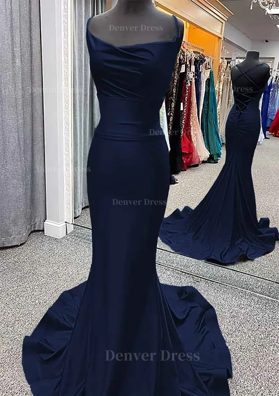 Trumpet/Mermaid Cowl Neck Spaghetti Straps Sweep Train Jersey Prom Dress With Pleated