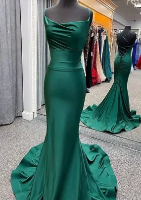 Trumpet/Mermaid Cowl Neck Spaghetti Straps Sweep Train Jersey Prom Dress With Pleated