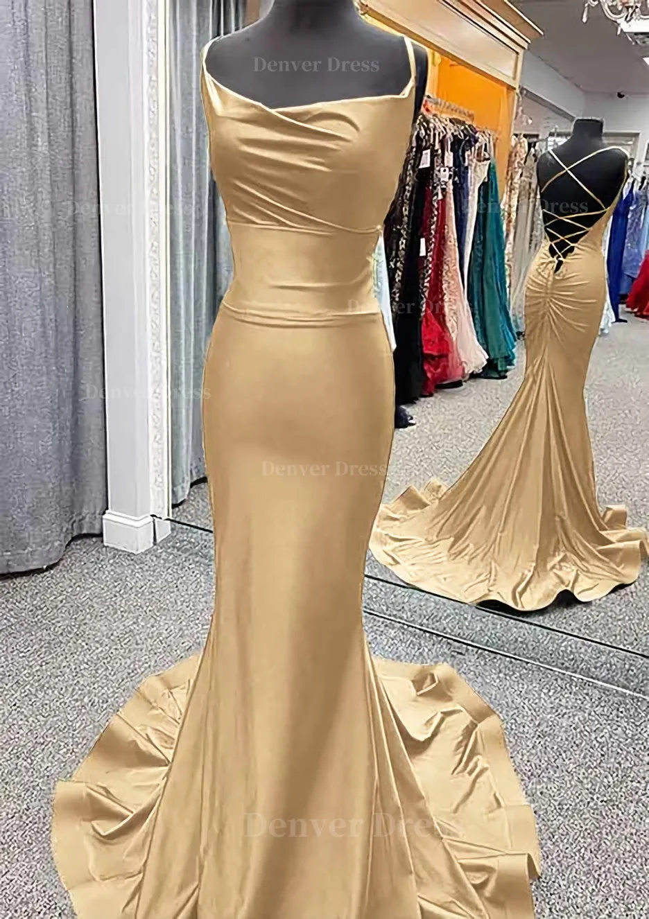 Trumpet/Mermaid Cowl Neck Spaghetti Straps Sweep Train Jersey Prom Dress With Pleated