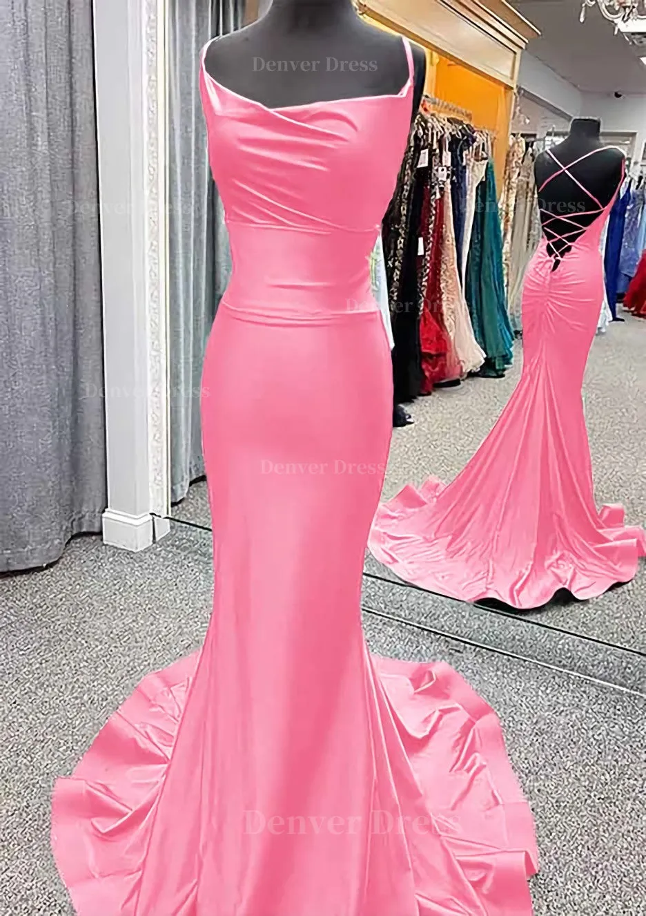 Trumpet/Mermaid Cowl Neck Spaghetti Straps Sweep Train Jersey Prom Dress With Pleated