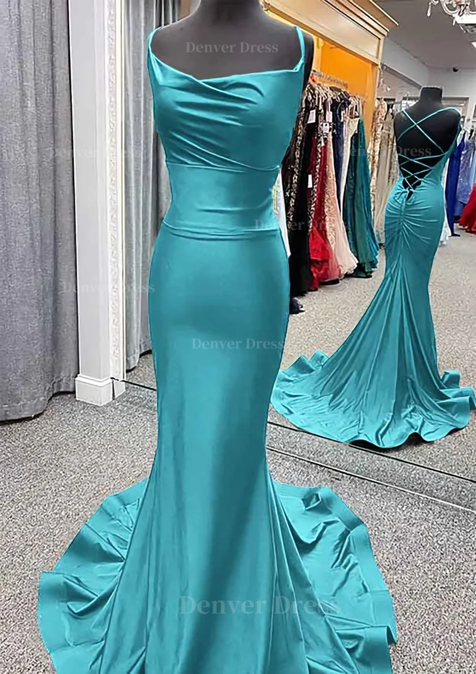 Trumpet/Mermaid Cowl Neck Spaghetti Straps Sweep Train Jersey Prom Dress With Pleated