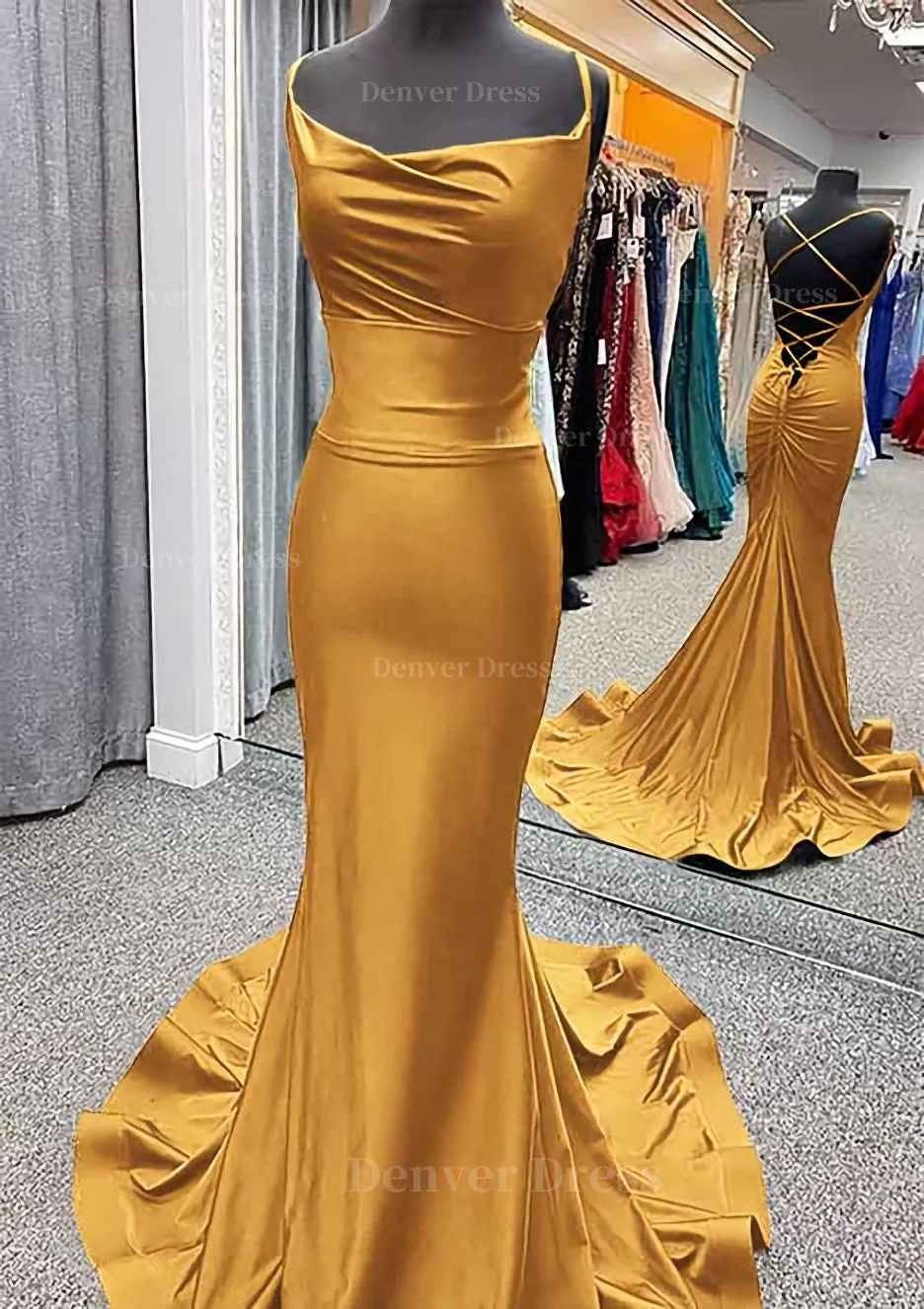 Trumpet/Mermaid Cowl Neck Spaghetti Straps Sweep Train Jersey Prom Dress With Pleated