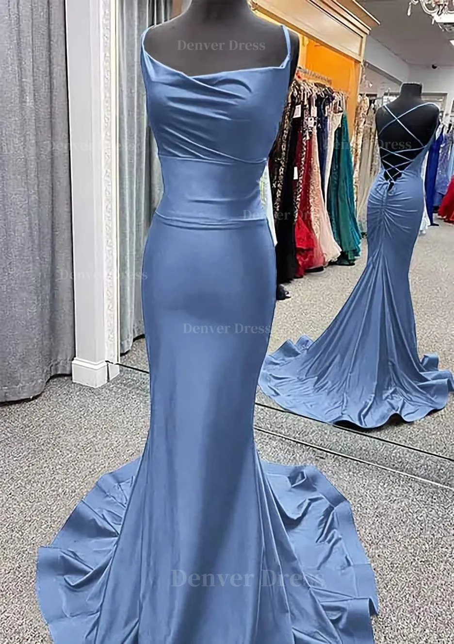 Trumpet/Mermaid Cowl Neck Spaghetti Straps Sweep Train Jersey Prom Dress With Pleated