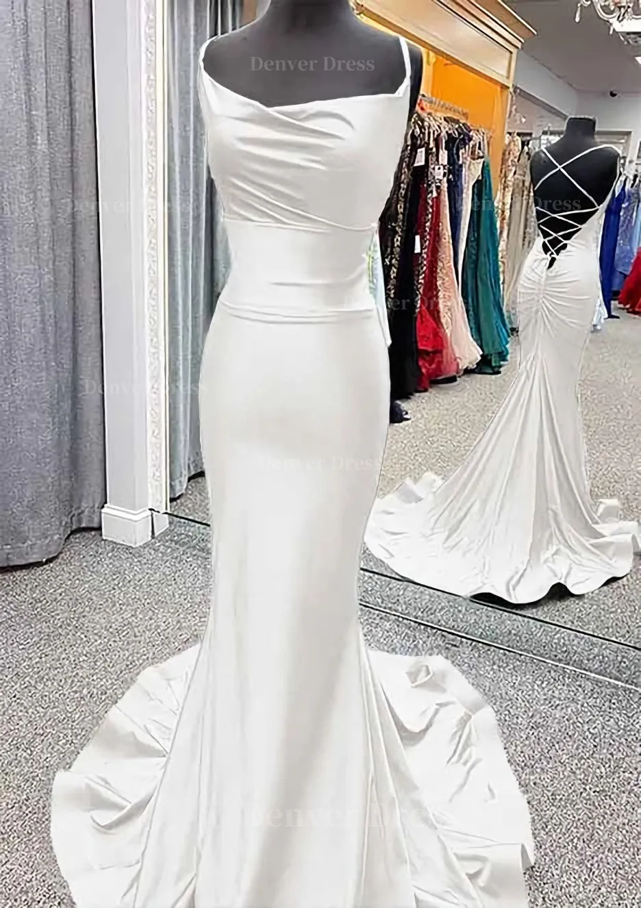 Trumpet/Mermaid Cowl Neck Spaghetti Straps Sweep Train Jersey Prom Dress With Pleated