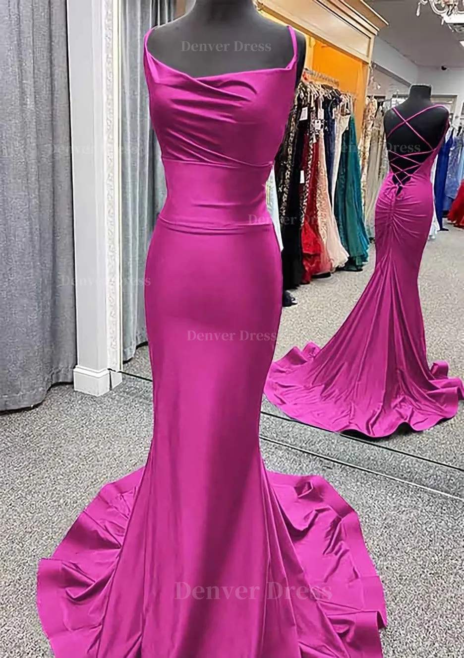 Trumpet/Mermaid Cowl Neck Spaghetti Straps Sweep Train Jersey Prom Dress With Pleated