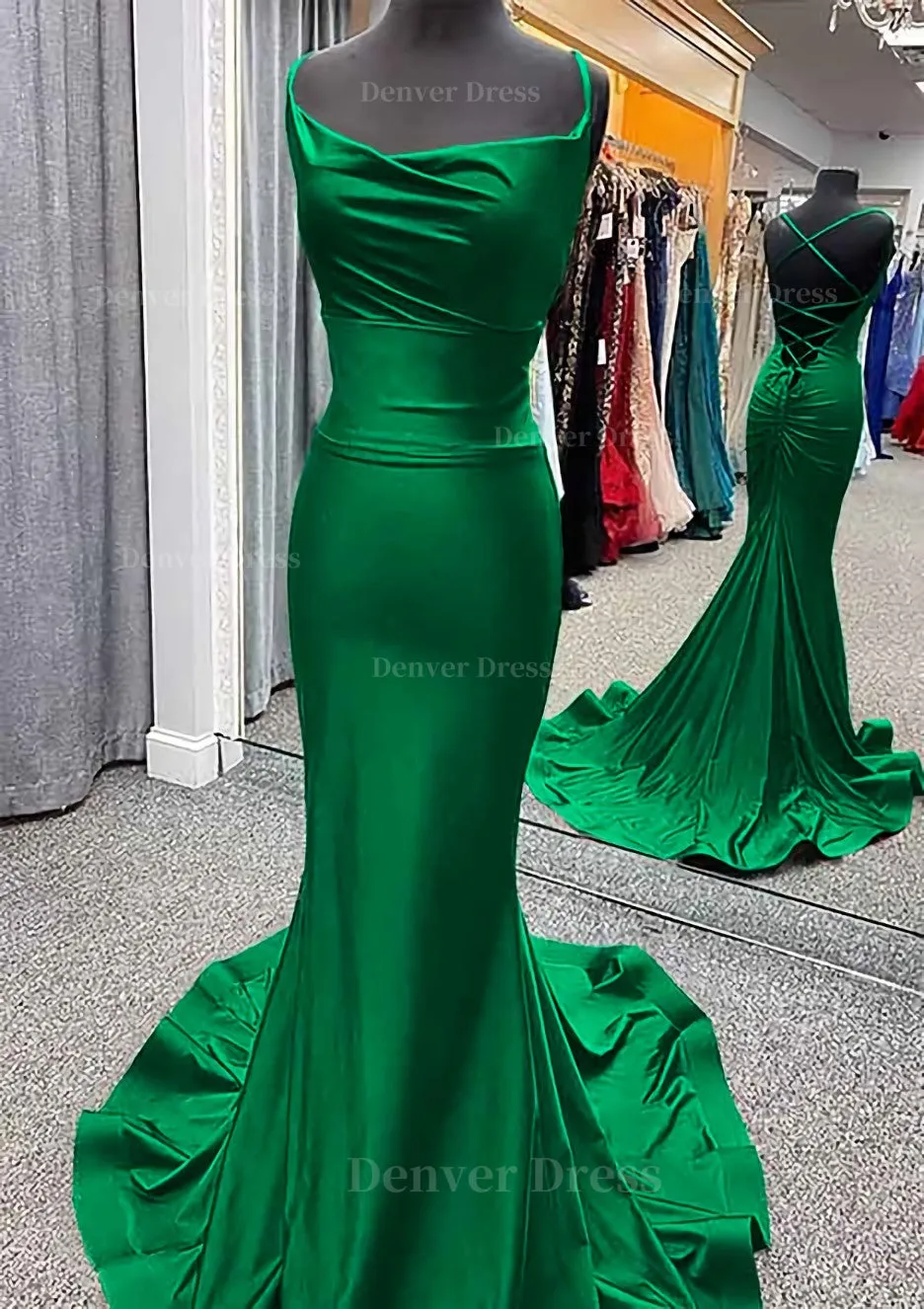 Trumpet/Mermaid Cowl Neck Spaghetti Straps Sweep Train Jersey Prom Dress With Pleated