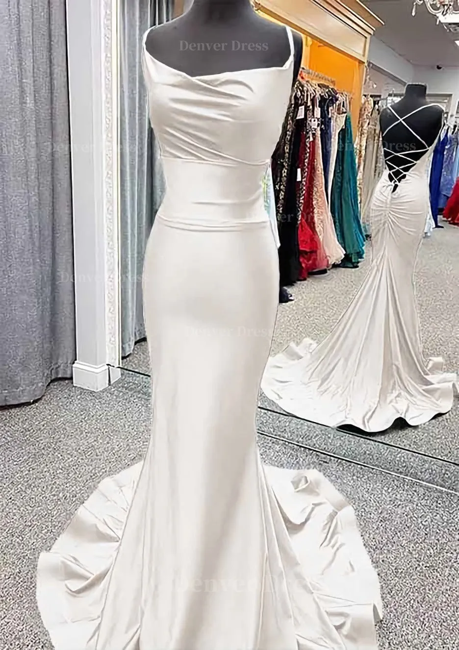 Trumpet/Mermaid Cowl Neck Spaghetti Straps Sweep Train Jersey Prom Dress With Pleated