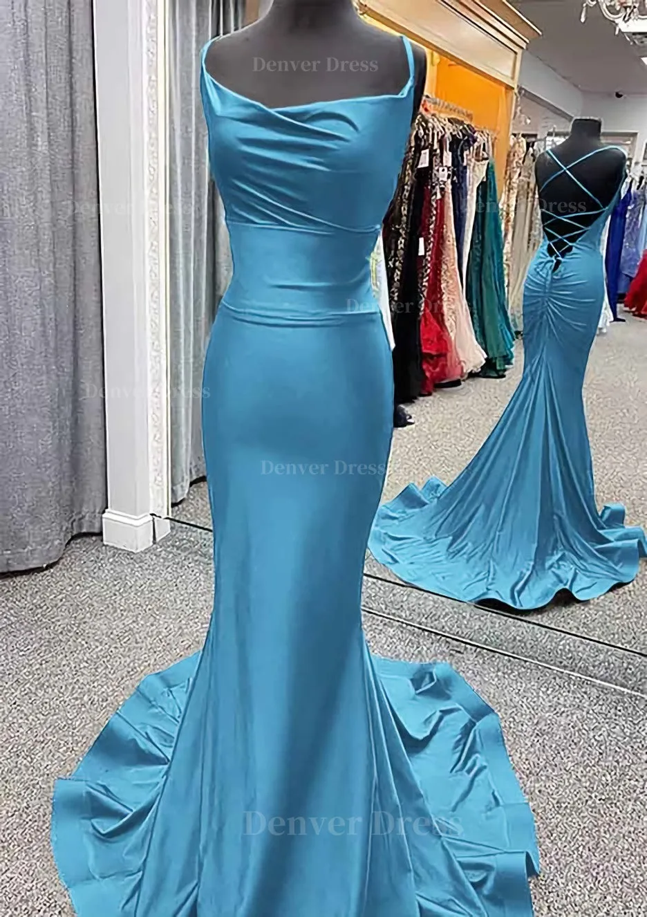 Trumpet/Mermaid Cowl Neck Spaghetti Straps Sweep Train Jersey Prom Dress With Pleated