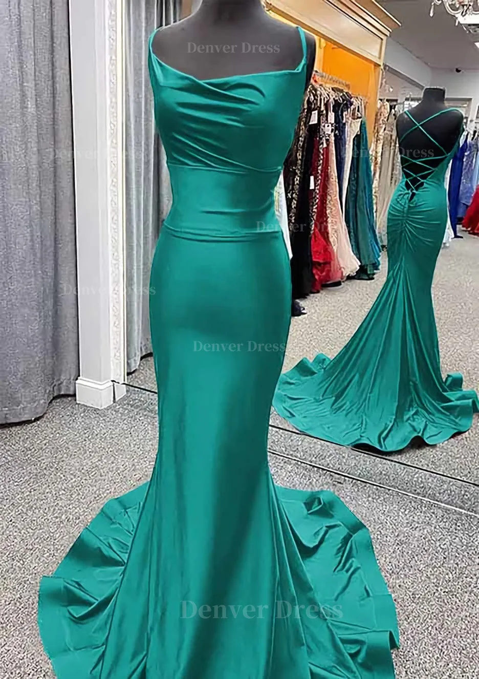 Trumpet/Mermaid Cowl Neck Spaghetti Straps Sweep Train Jersey Prom Dress With Pleated