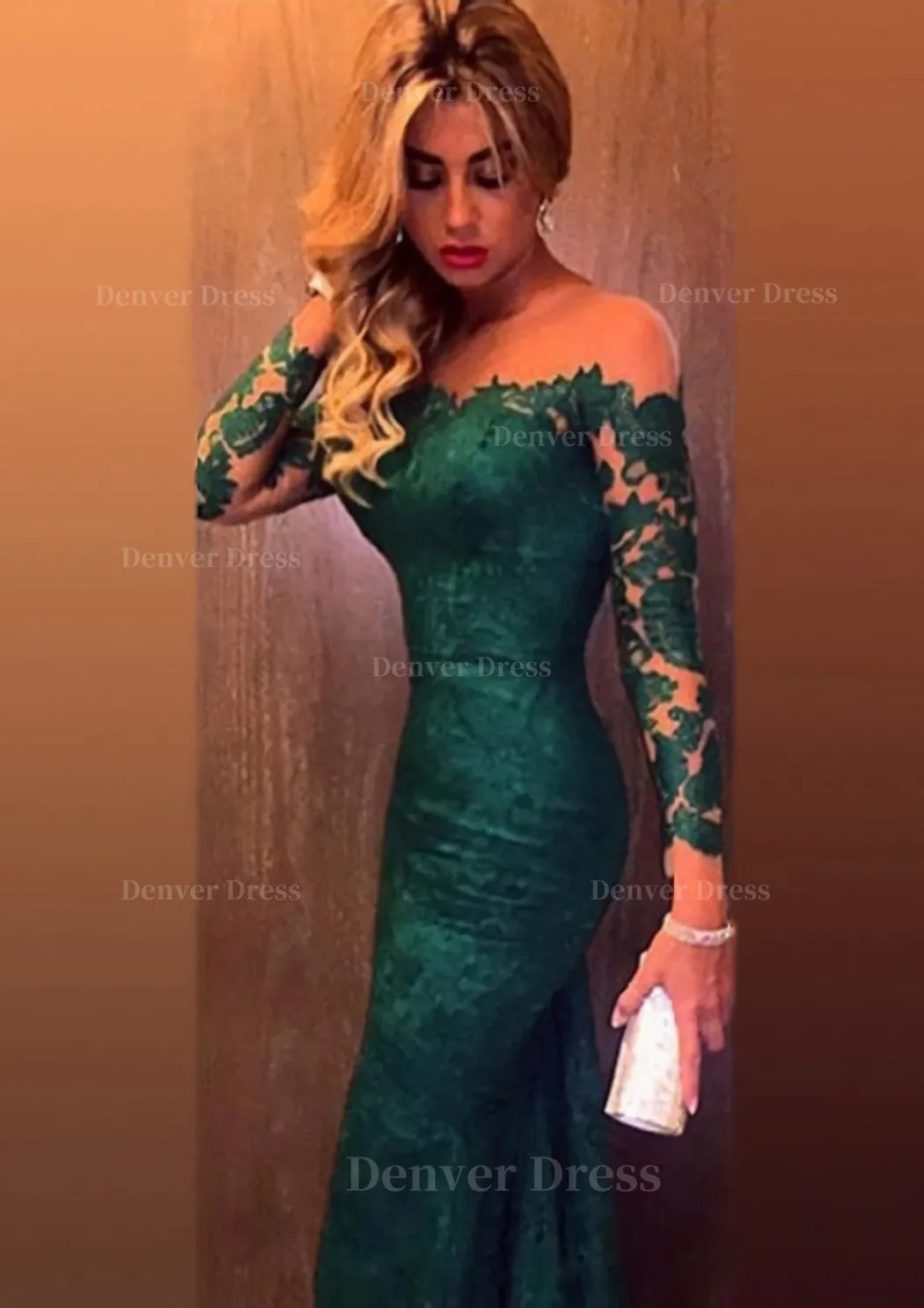 Trumpet/Mermaid Full/Long Sleeve Bateau Chapel Train Lace Prom Dress With Appliqued