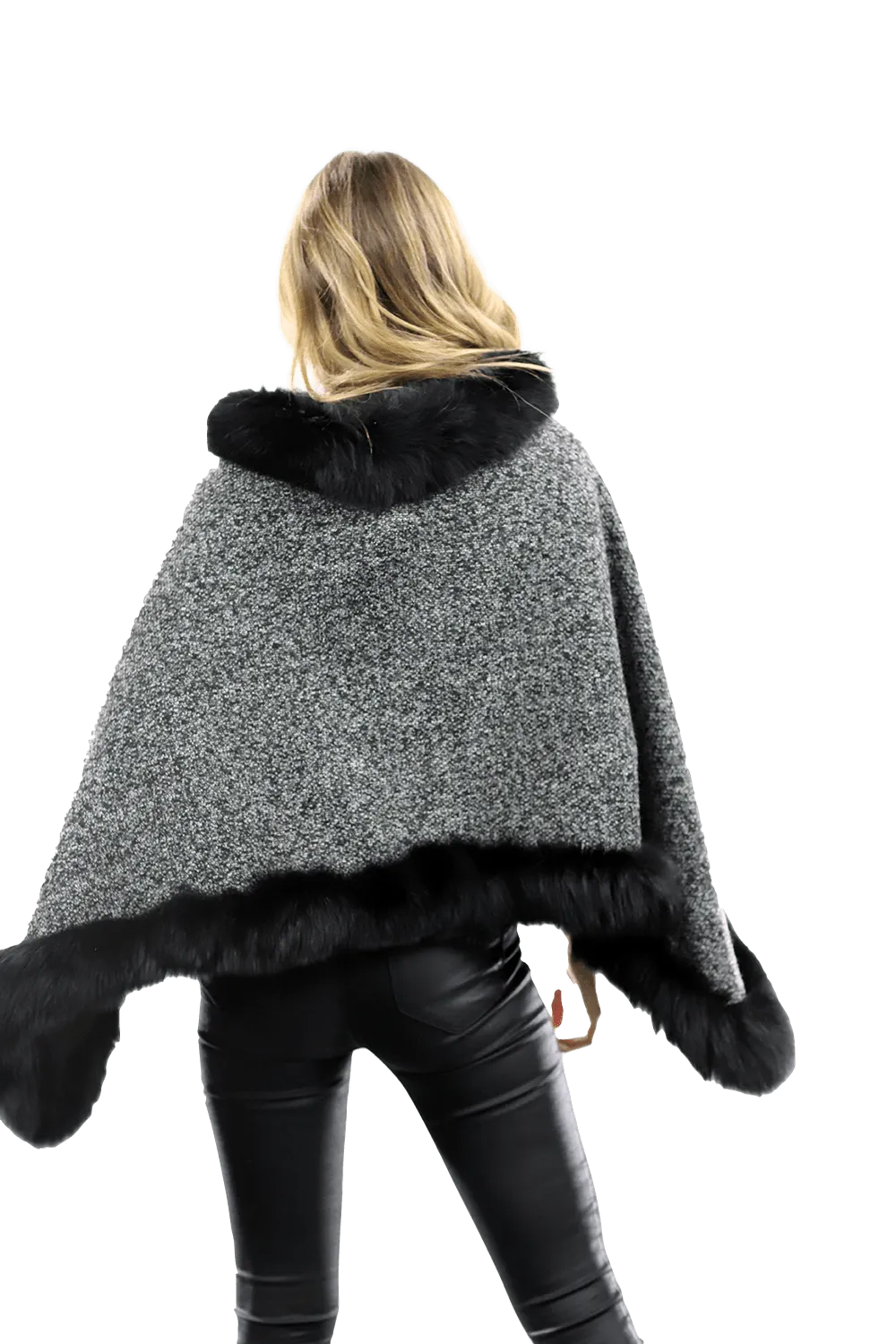 Tweed Poncho with Fur Trim - Dark Grey