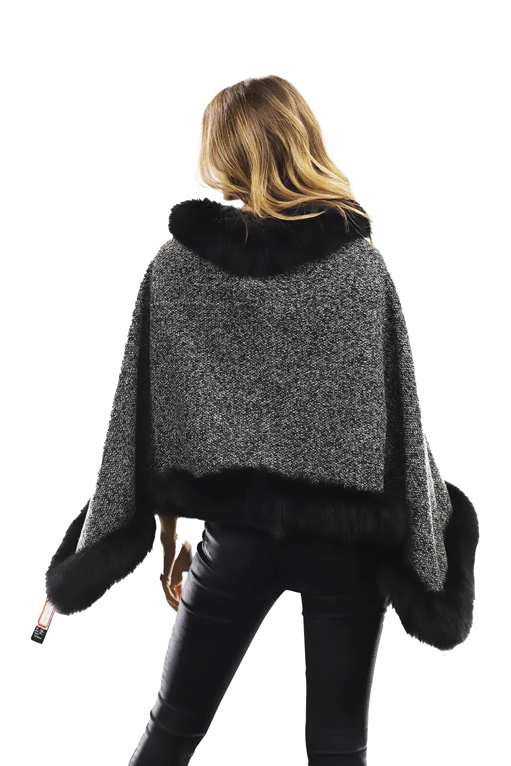 Tweed Poncho with Fur Trim - Dark Grey